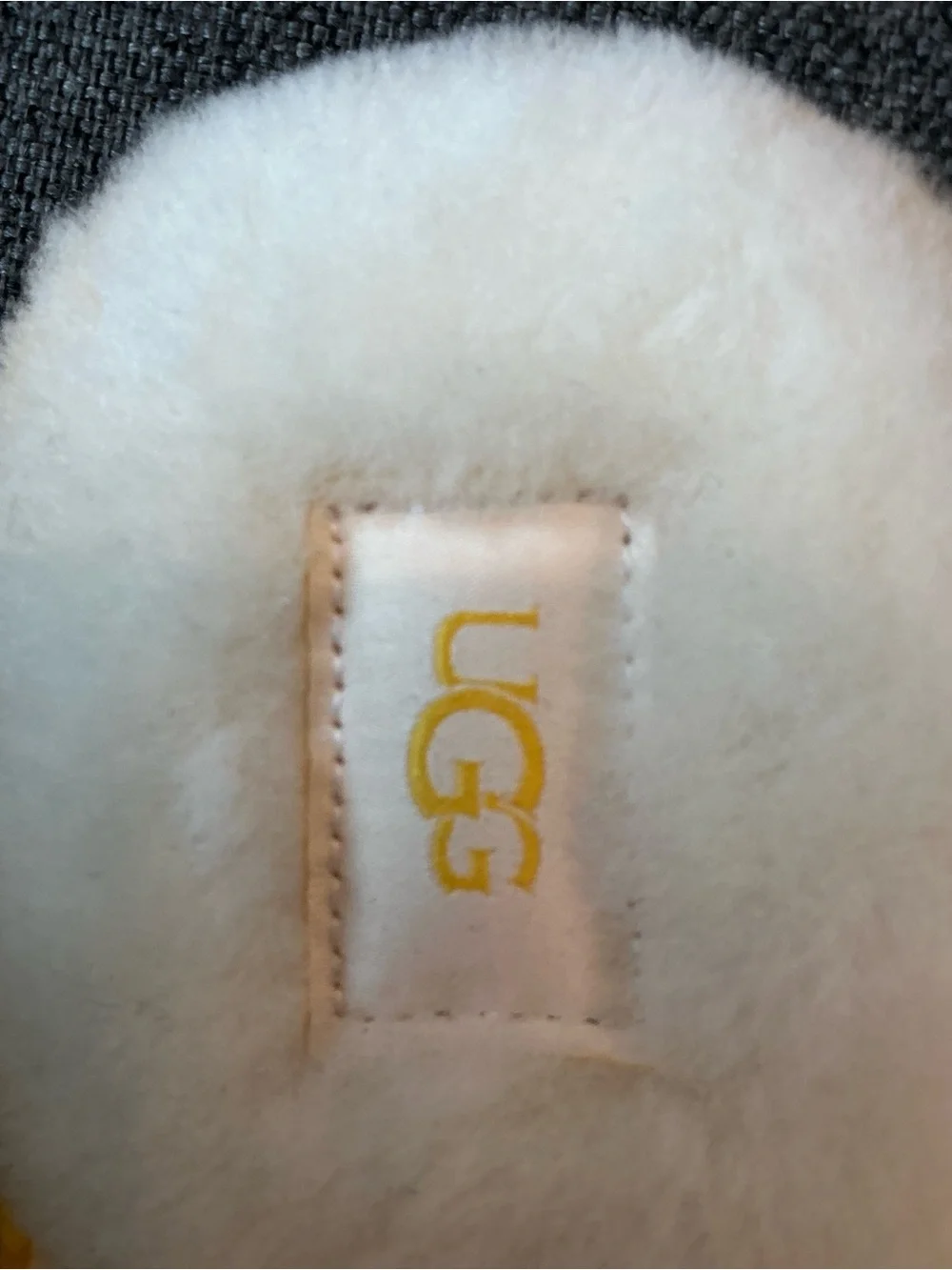UGG White Shearling Slide with Yellow Logo